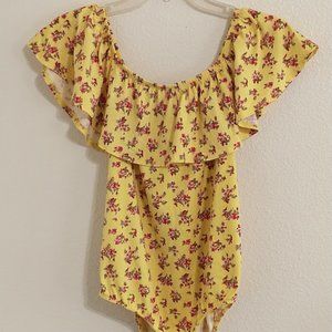 Bodysuit - TMG Yellow Floral Print off the shoulder ruffled sleeveless